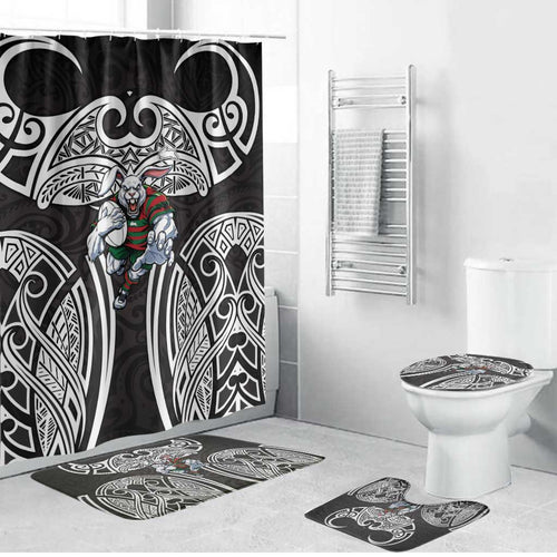 South Sydney Rabbitohs Rugby Bathroom Set Polynesian Tribal Rabbit Warrior Black White Pattern
