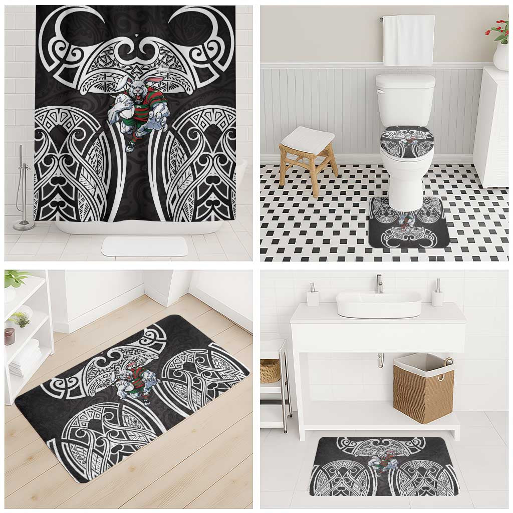 South Sydney Rabbitohs Rugby Bathroom Set Polynesian Tribal Rabbit Warrior Black White Pattern