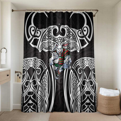 South Sydney Rabbitohs Rugby Bathroom Set Polynesian Tribal Rabbit Warrior Black White Pattern