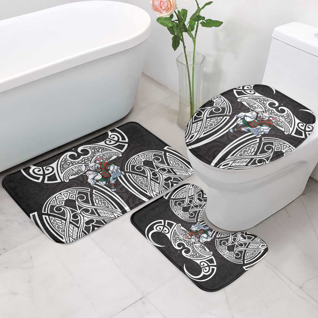 South Sydney Rabbitohs Rugby Bathroom Set Polynesian Tribal Rabbit Warrior Black White Pattern