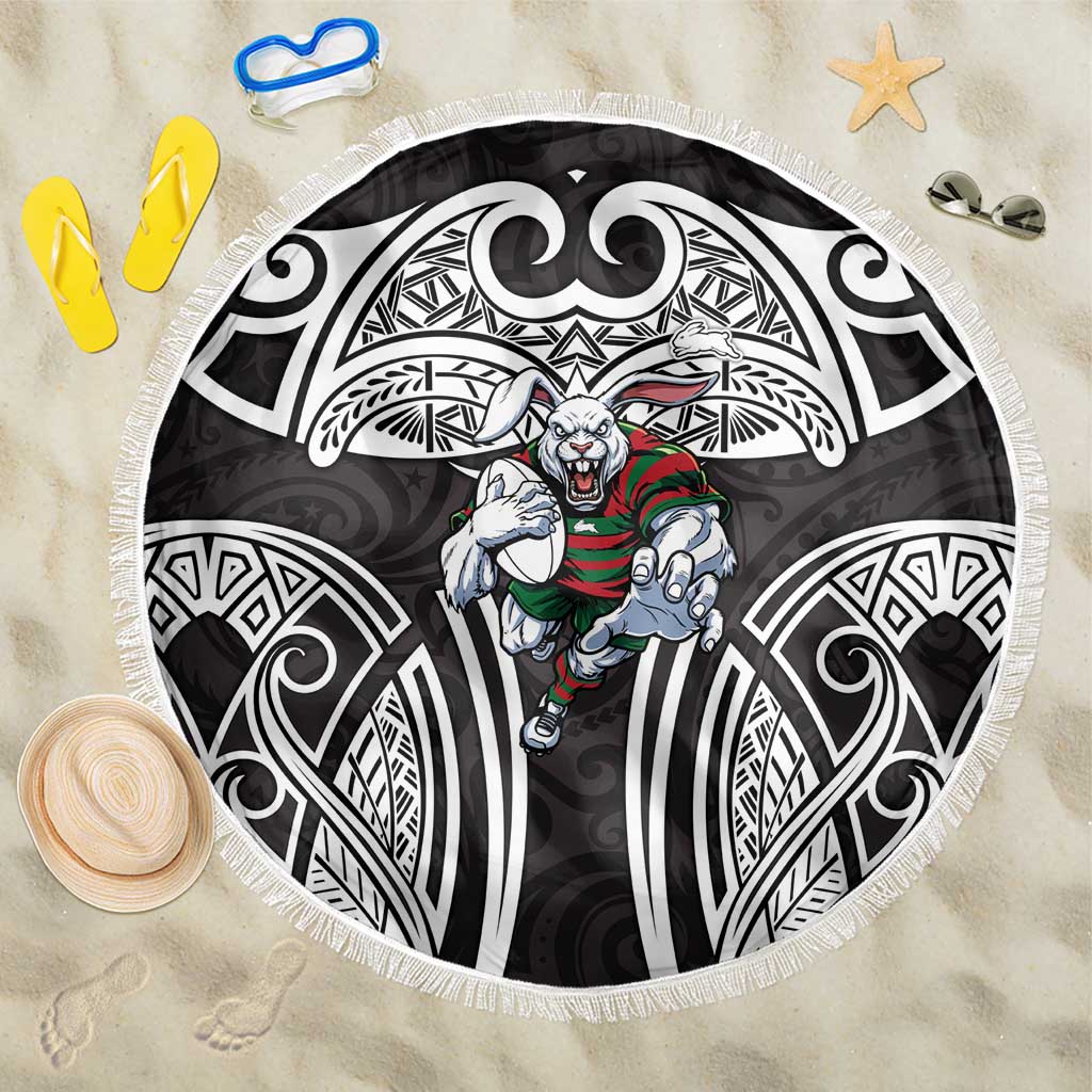 South Sydney Rabbitohs Rugby Beach Blanket Polynesian Tribal Rabbit Warrior Black White Pattern