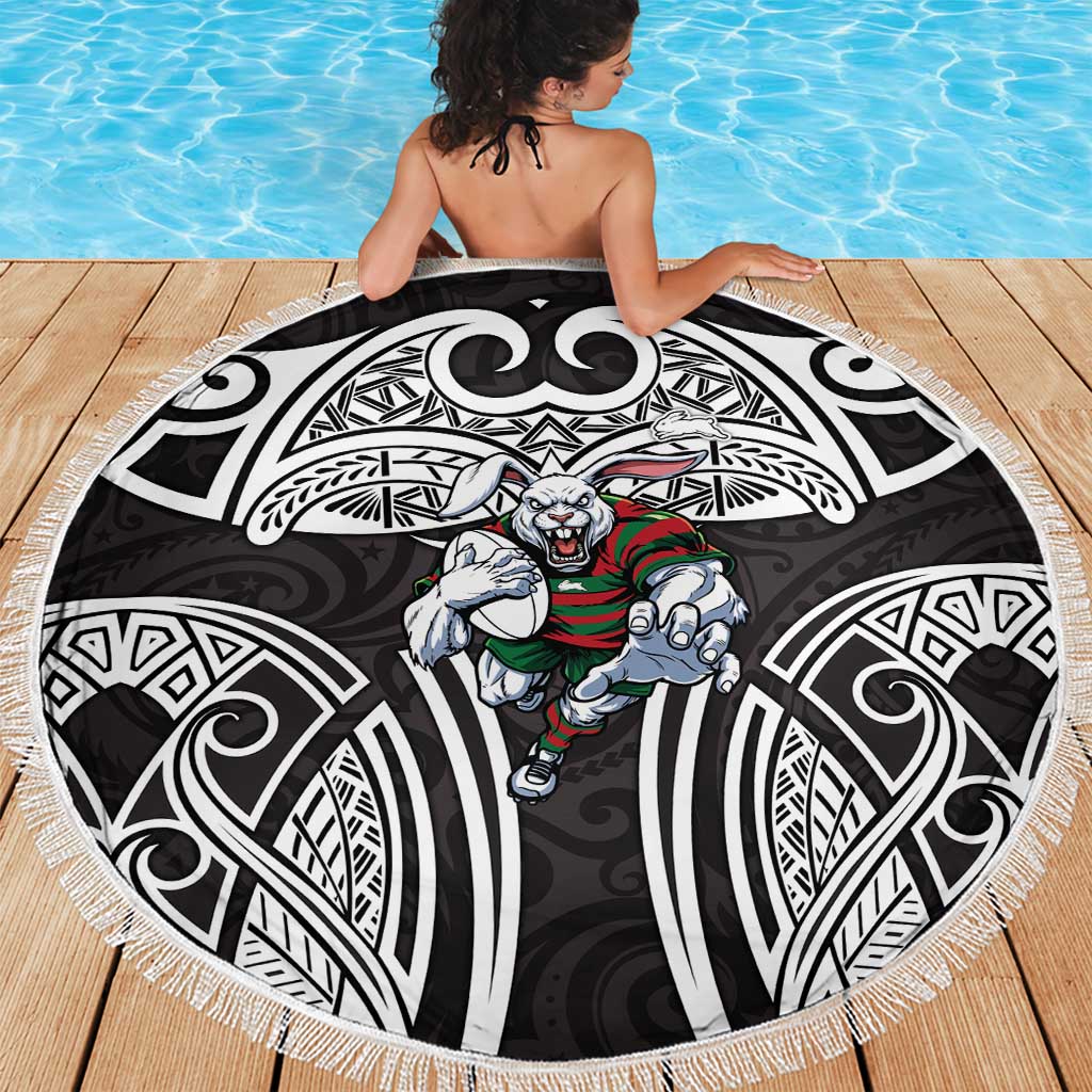South Sydney Rabbitohs Rugby Beach Blanket Polynesian Tribal Rabbit Warrior Black White Pattern