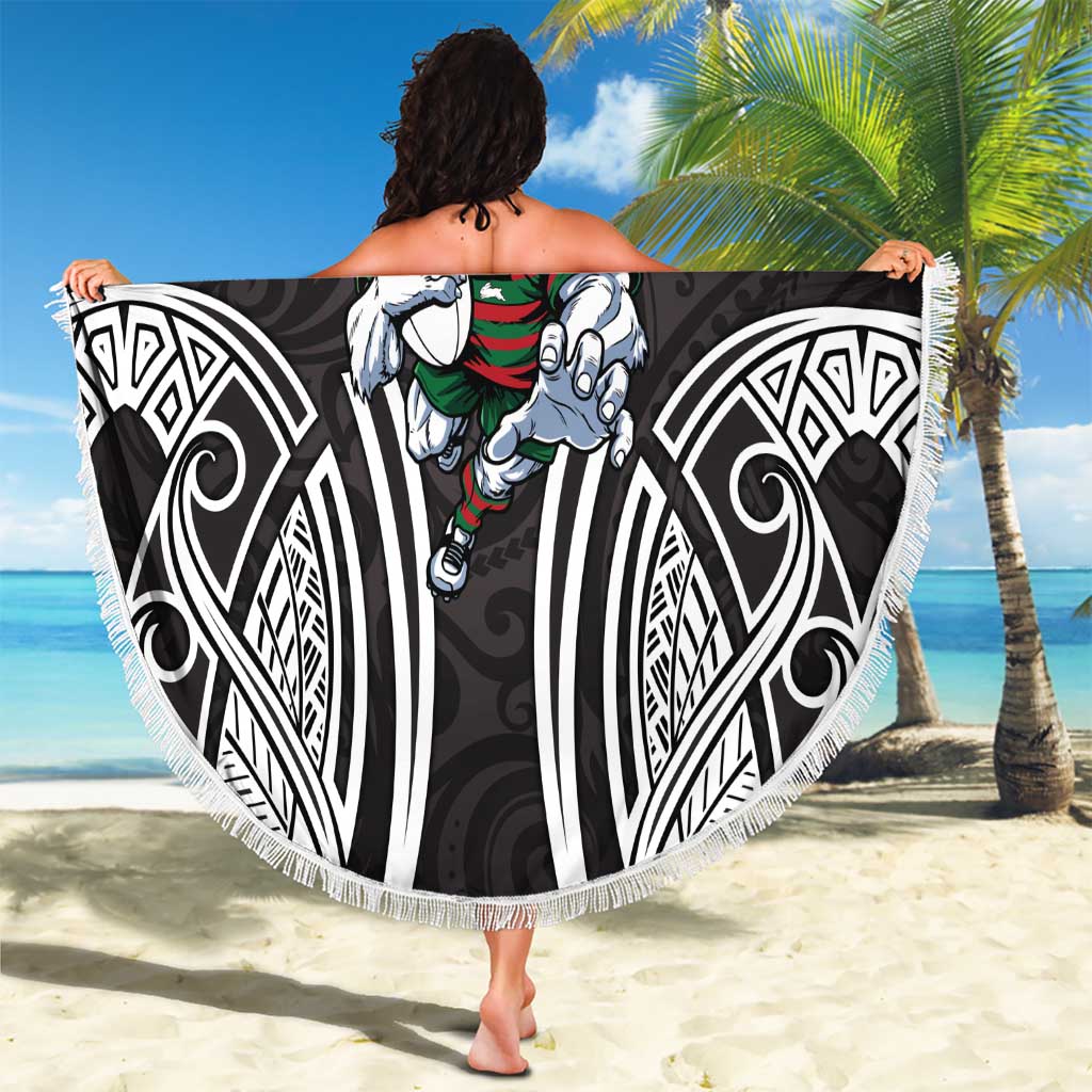 South Sydney Rabbitohs Rugby Beach Blanket Polynesian Tribal Rabbit Warrior Black White Pattern
