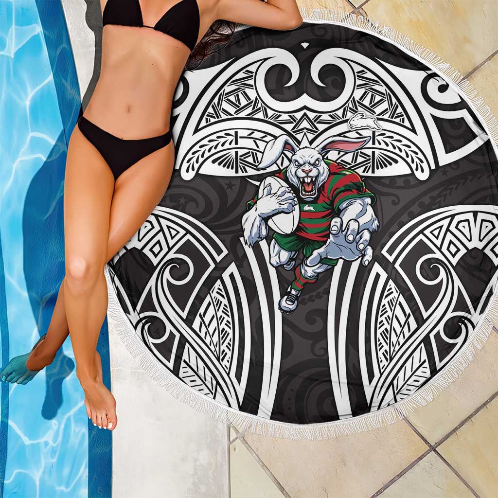 South Sydney Rabbitohs Rugby Beach Blanket Polynesian Tribal Rabbit Warrior Black White Pattern