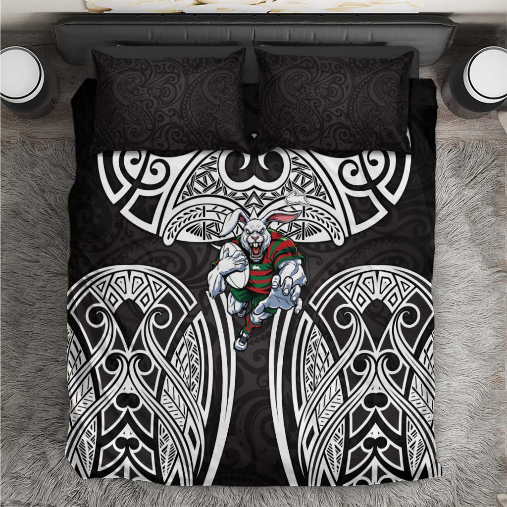 South Sydney Rabbitohs Rugby Bedding Set Polynesian Tribal Rabbit Warrior Black White Pattern