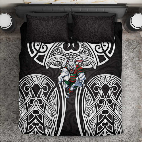 South Sydney Rabbitohs Rugby Bedding Set Polynesian Tribal Rabbit Warrior Black White Pattern