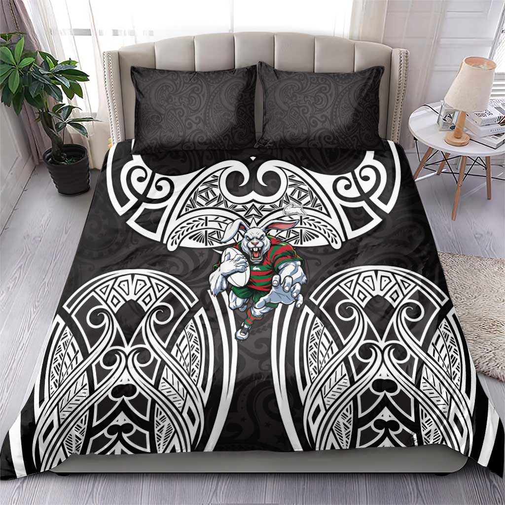 South Sydney Rabbitohs Rugby Bedding Set Polynesian Tribal Rabbit Warrior Black White Pattern