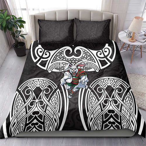 South Sydney Rabbitohs Rugby Bedding Set Polynesian Tribal Rabbit Warrior Black White Pattern