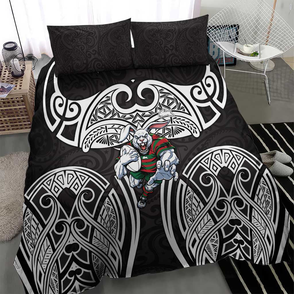 South Sydney Rabbitohs Rugby Bedding Set Polynesian Tribal Rabbit Warrior Black White Pattern