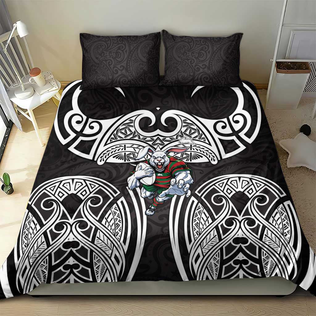South Sydney Rabbitohs Rugby Bedding Set Polynesian Tribal Rabbit Warrior Black White Pattern