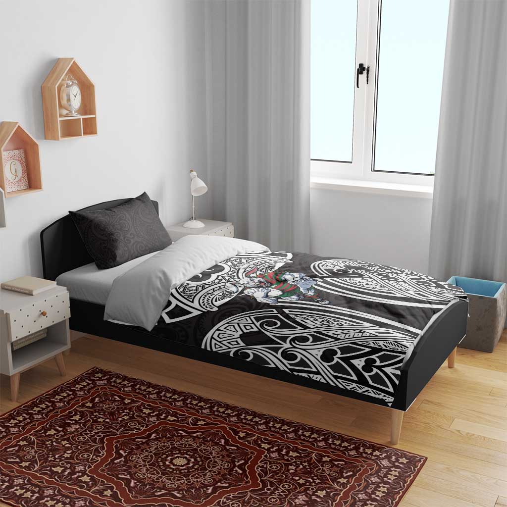 South Sydney Rabbitohs Rugby Bedding Set Polynesian Tribal Rabbit Warrior Black White Pattern