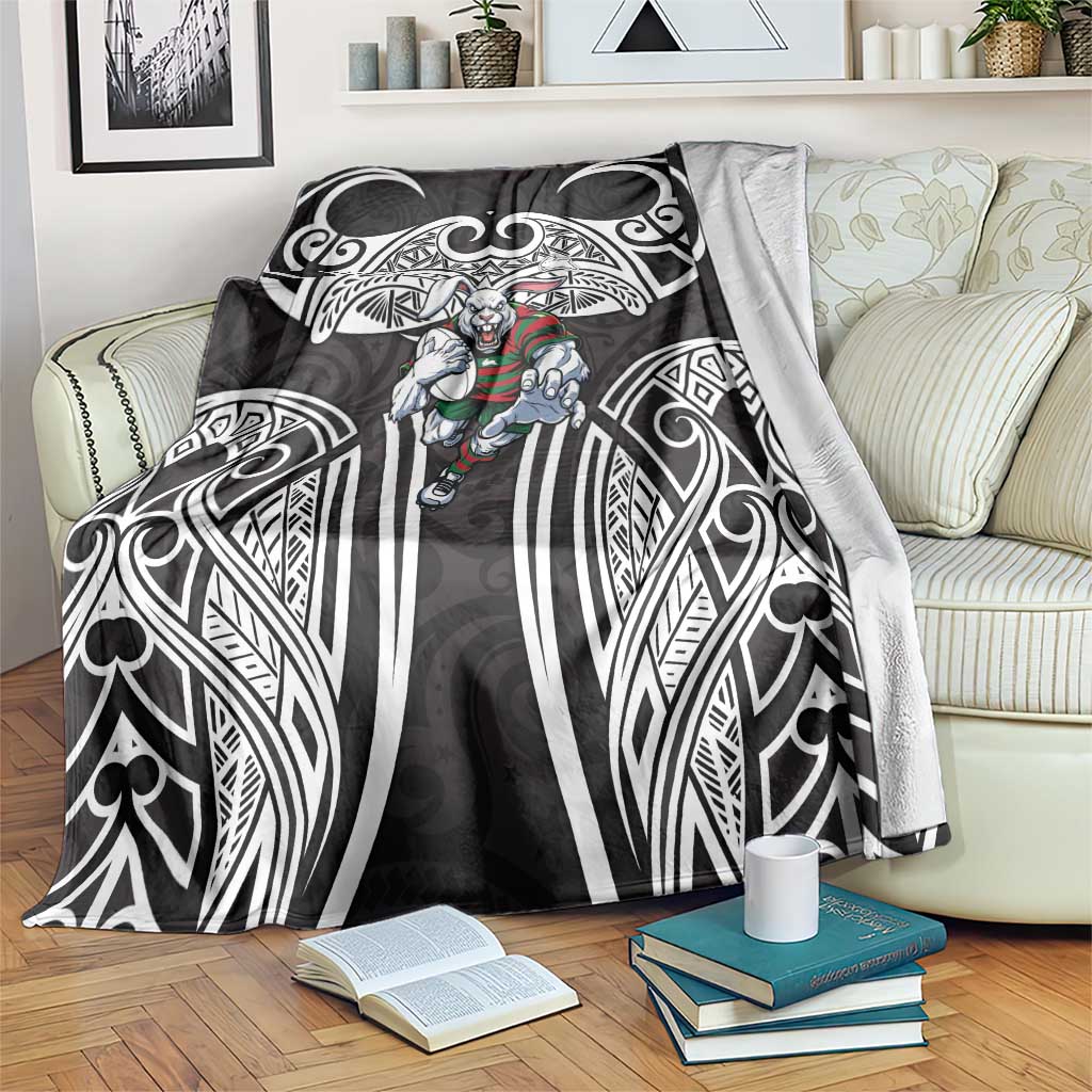 South Sydney Rabbitohs Rugby Blanket Polynesian Tribal Rabbit Warrior Black White Pattern