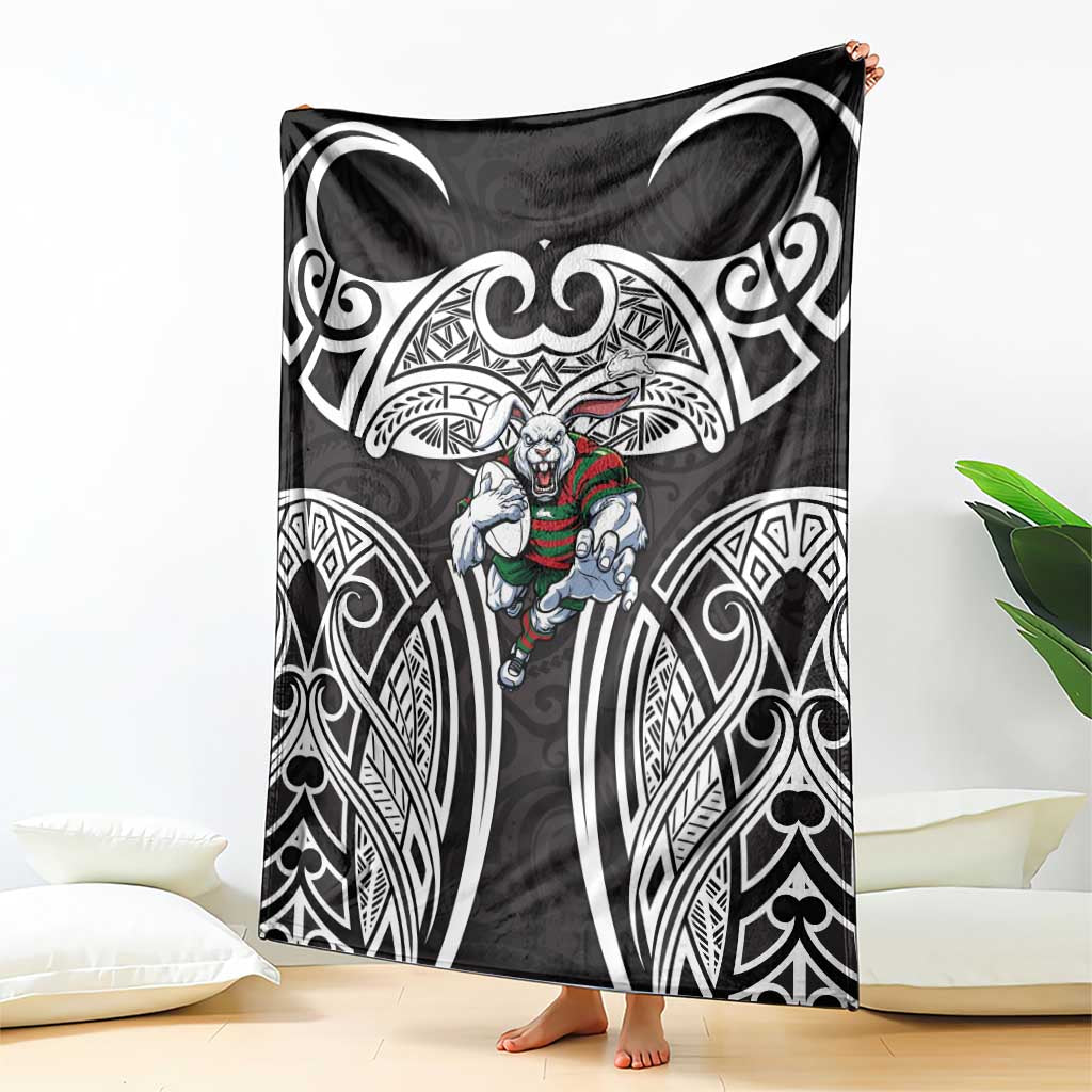 South Sydney Rabbitohs Rugby Blanket Polynesian Tribal Rabbit Warrior Black White Pattern