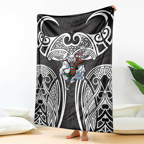 South Sydney Rabbitohs Rugby Blanket Polynesian Tribal Rabbit Warrior Black White Pattern