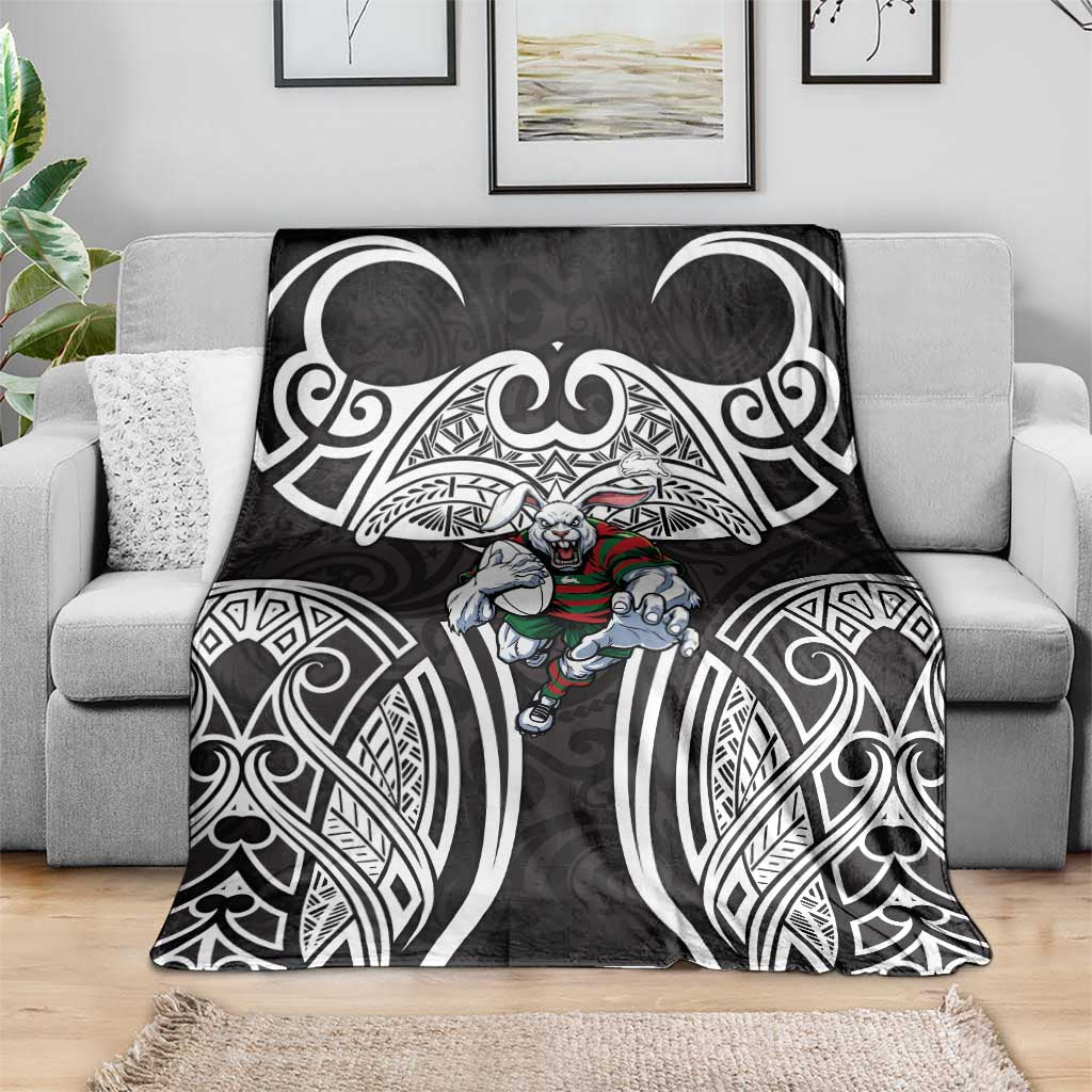 South Sydney Rabbitohs Rugby Blanket Polynesian Tribal Rabbit Warrior Black White Pattern