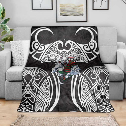 South Sydney Rabbitohs Rugby Blanket Polynesian Tribal Rabbit Warrior Black White Pattern