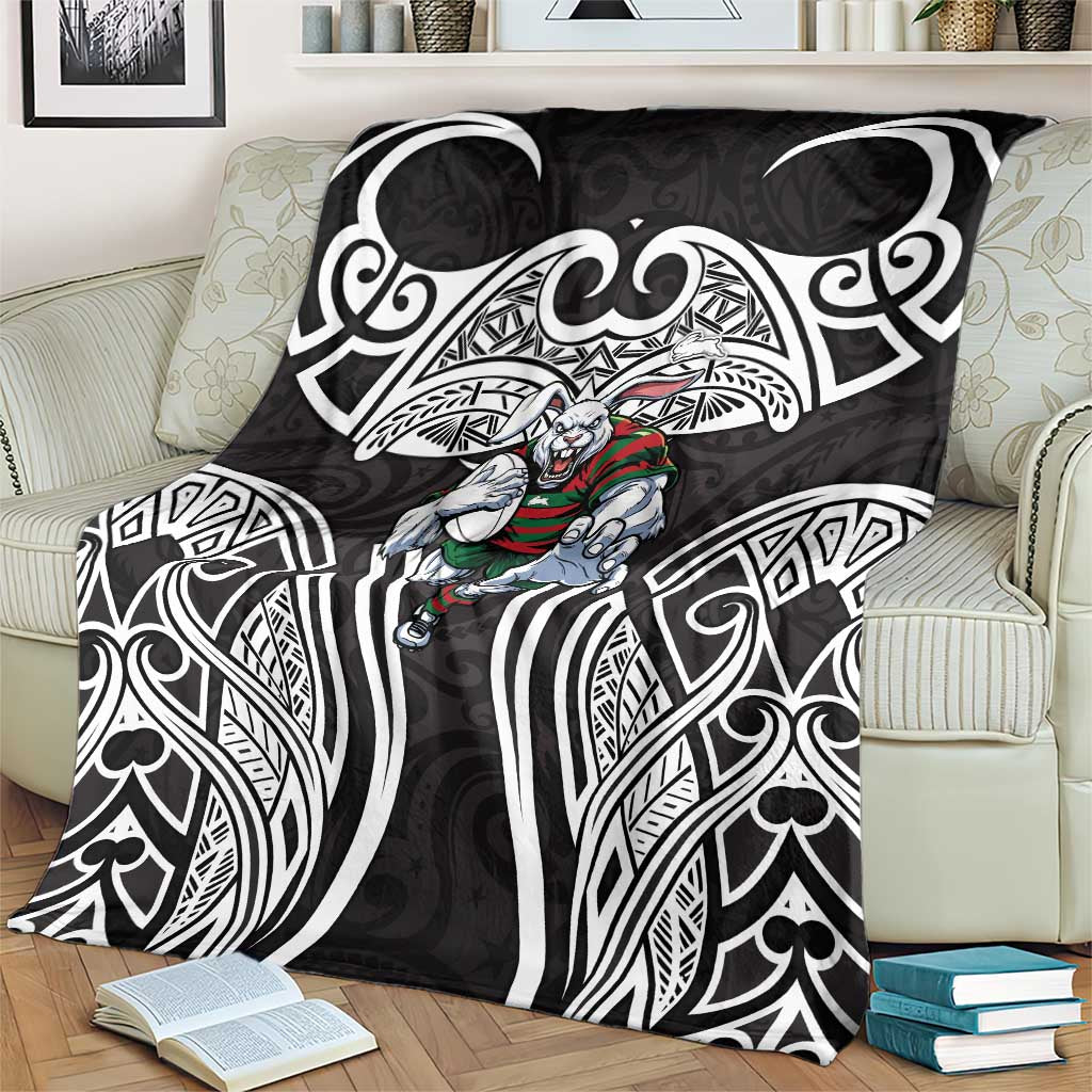 South Sydney Rabbitohs Rugby Blanket Polynesian Tribal Rabbit Warrior Black White Pattern