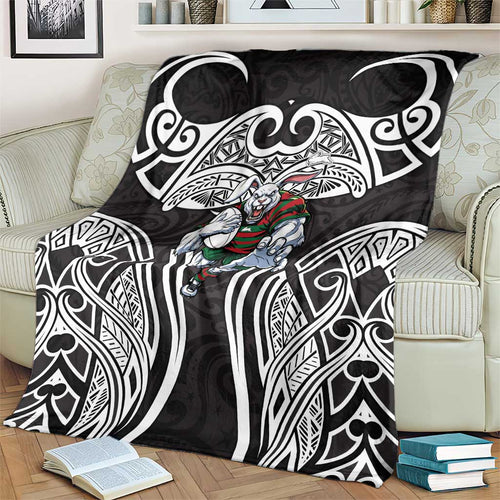 South Sydney Rabbitohs Rugby Blanket Polynesian Tribal Rabbit Warrior Black White Pattern
