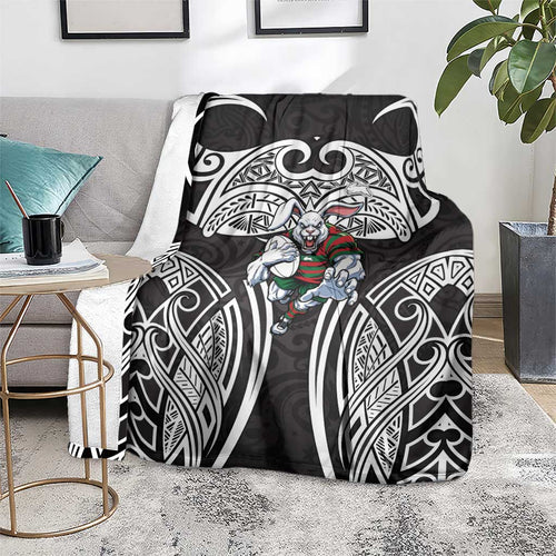 South Sydney Rabbitohs Rugby Blanket Polynesian Tribal Rabbit Warrior Black White Pattern