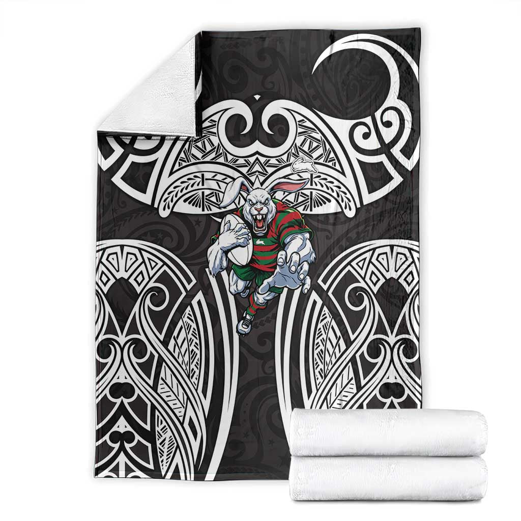 South Sydney Rabbitohs Rugby Blanket Polynesian Tribal Rabbit Warrior Black White Pattern