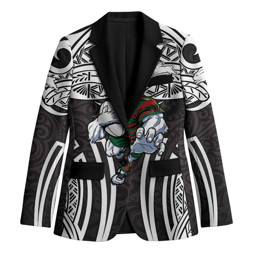 South Sydney Rabbitohs Rugby Blazer Polynesian Tribal Rabbit Warrior Black White Pattern