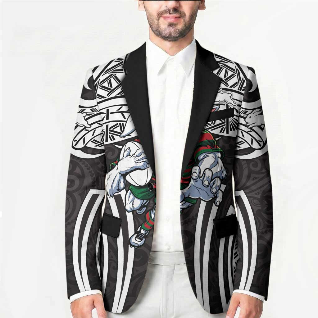 South Sydney Rabbitohs Rugby Blazer Polynesian Tribal Rabbit Warrior Black White Pattern