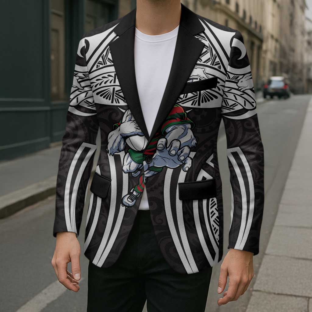 South Sydney Rabbitohs Rugby Blazer Polynesian Tribal Rabbit Warrior Black White Pattern