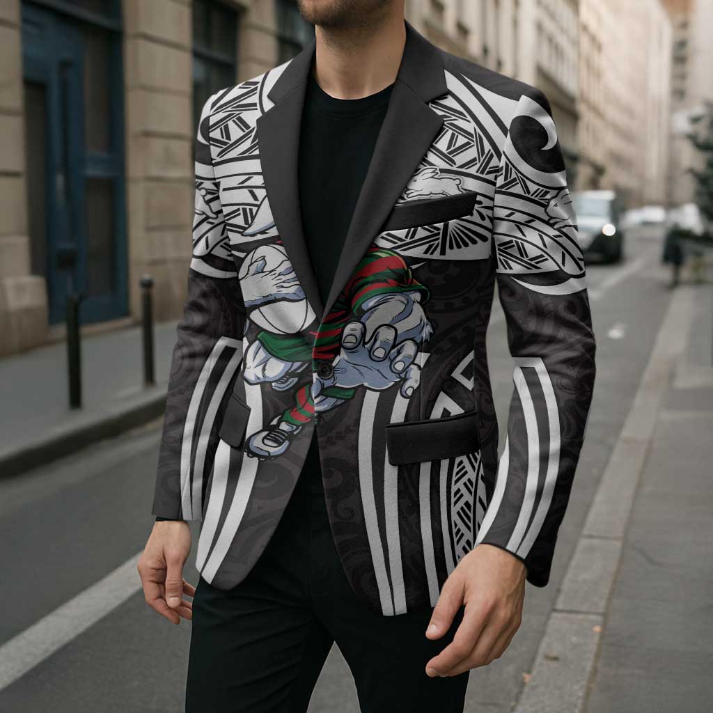 South Sydney Rabbitohs Rugby Blazer Polynesian Tribal Rabbit Warrior Black White Pattern