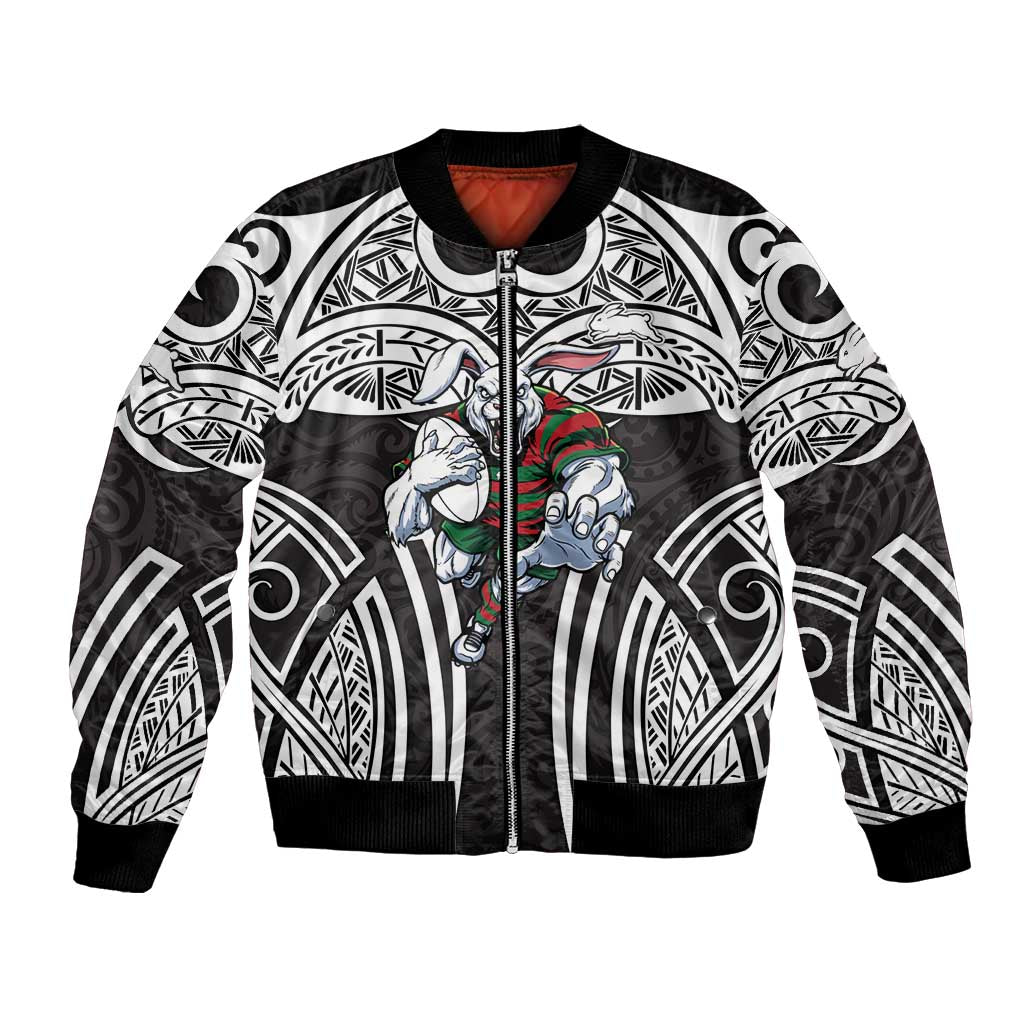 South Sydney Rabbitohs Rugby Bomber Jacket Polynesian Tribal Rabbit Warrior Black White Pattern