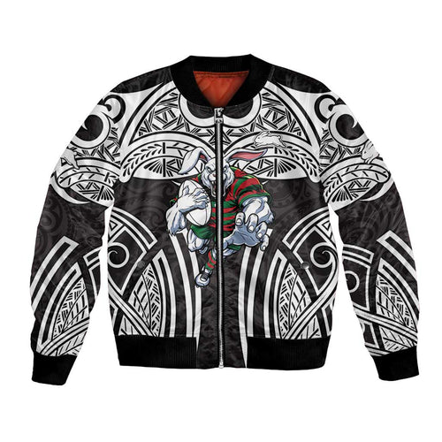 South Sydney Rabbitohs Rugby Bomber Jacket Polynesian Tribal Rabbit Warrior Black White Pattern