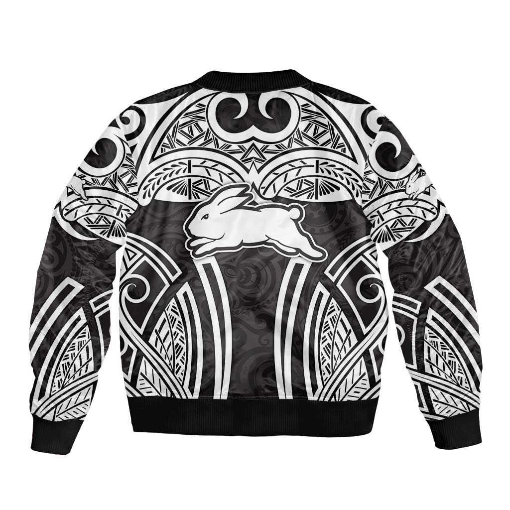 South Sydney Rabbitohs Rugby Bomber Jacket Polynesian Tribal Rabbit Warrior Black White Pattern