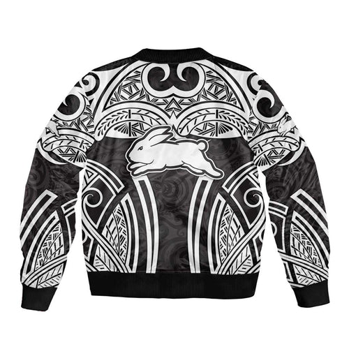 South Sydney Rabbitohs Rugby Bomber Jacket Polynesian Tribal Rabbit Warrior Black White Pattern
