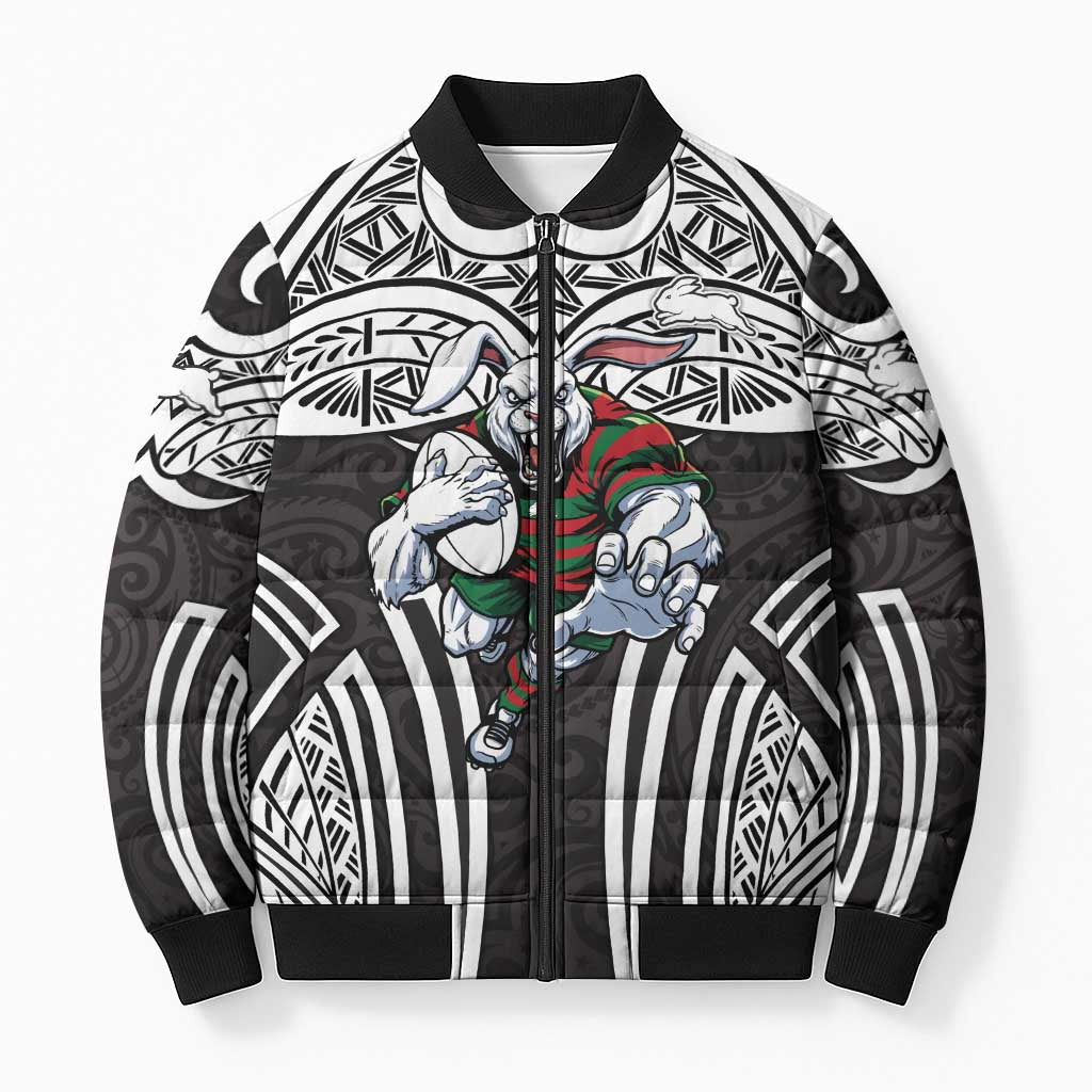 South Sydney Rabbitohs Rugby Bomber Puffer Jacket Polynesian Tribal Rabbit Warrior Black White Pattern