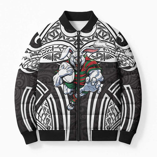 South Sydney Rabbitohs Rugby Bomber Puffer Jacket Polynesian Tribal Rabbit Warrior Black White Pattern