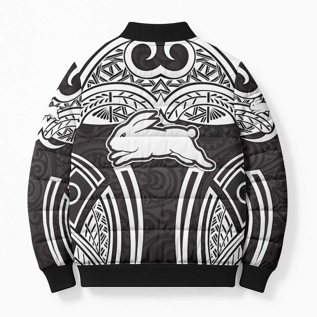 South Sydney Rabbitohs Rugby Bomber Puffer Jacket Polynesian Tribal Rabbit Warrior Black White Pattern