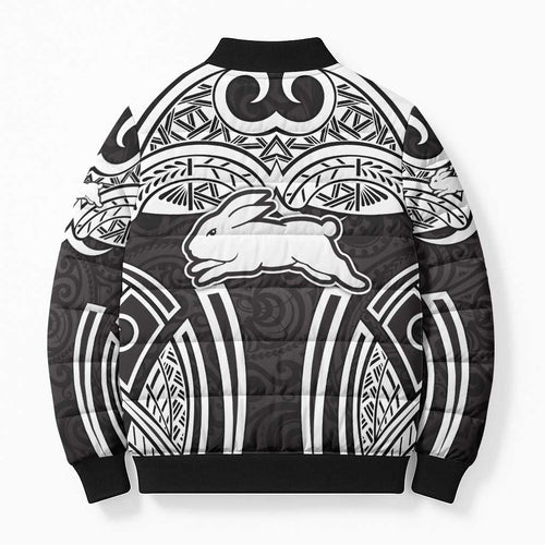South Sydney Rabbitohs Rugby Bomber Puffer Jacket Polynesian Tribal Rabbit Warrior Black White Pattern