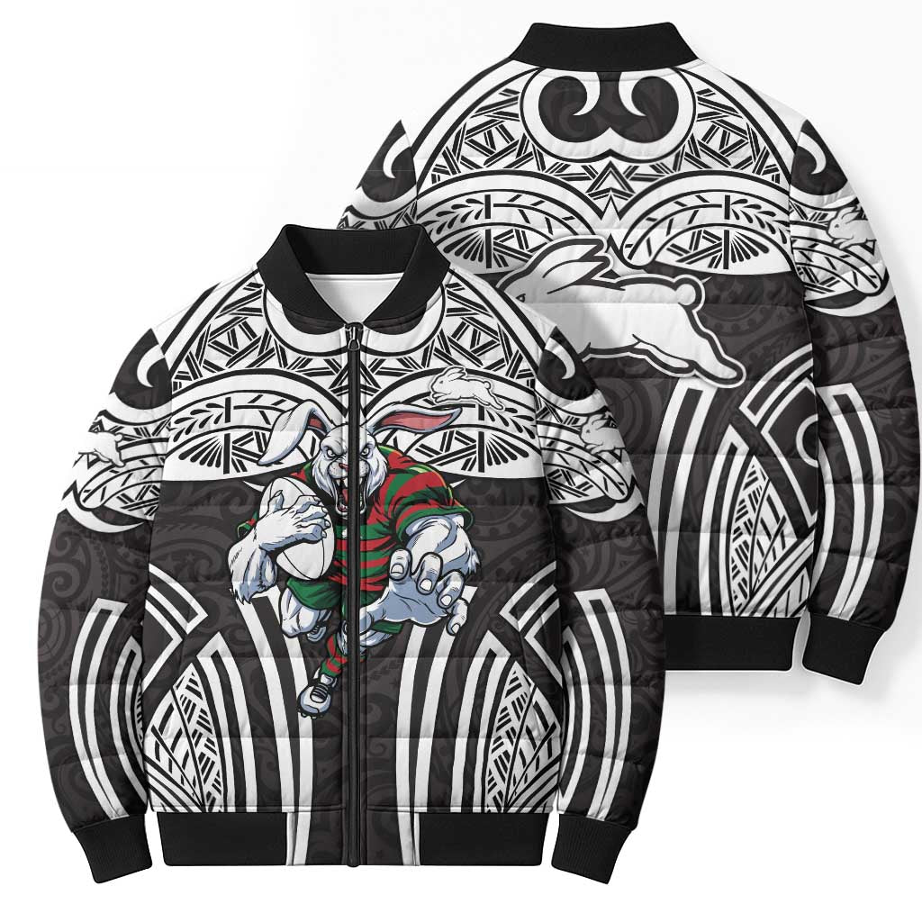 South Sydney Rabbitohs Rugby Bomber Puffer Jacket Polynesian Tribal Rabbit Warrior Black White Pattern