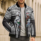 South Sydney Rabbitohs Rugby Bomber Puffer Jacket Polynesian Tribal Rabbit Warrior Black White Pattern