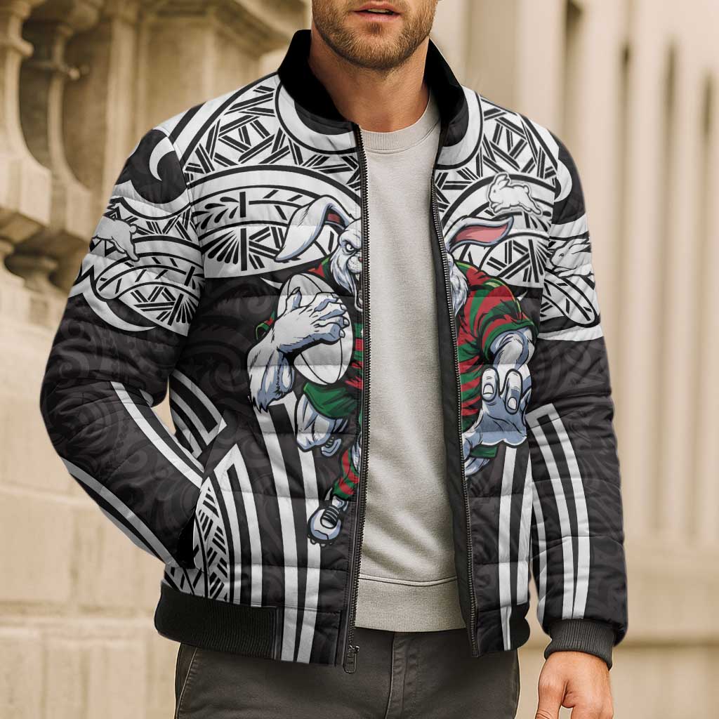 South Sydney Rabbitohs Rugby Bomber Puffer Jacket Polynesian Tribal Rabbit Warrior Black White Pattern