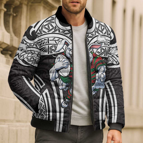 South Sydney Rabbitohs Rugby Bomber Puffer Jacket Polynesian Tribal Rabbit Warrior Black White Pattern