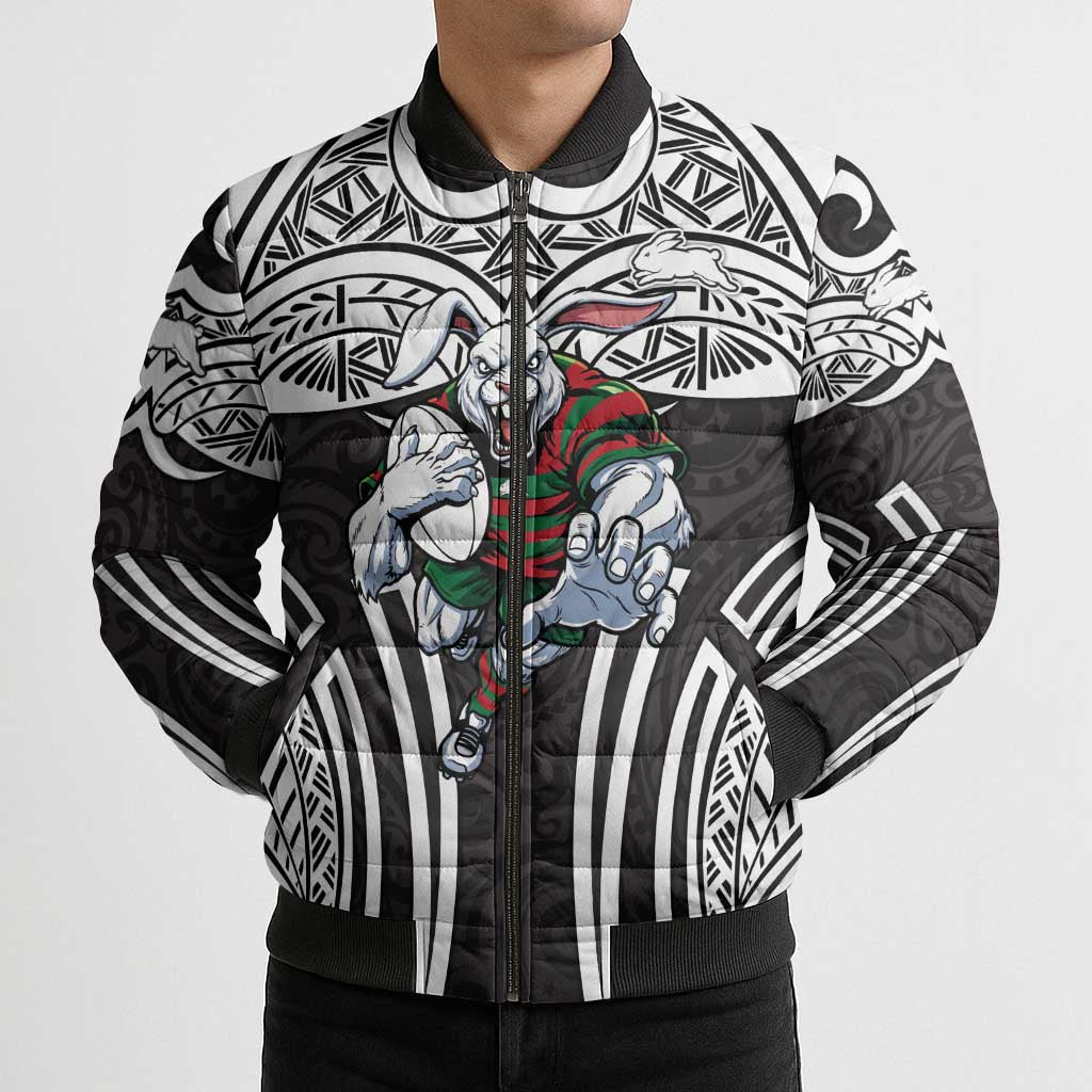 South Sydney Rabbitohs Rugby Bomber Puffer Jacket Polynesian Tribal Rabbit Warrior Black White Pattern