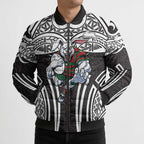 South Sydney Rabbitohs Rugby Bomber Puffer Jacket Polynesian Tribal Rabbit Warrior Black White Pattern