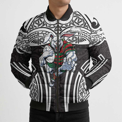South Sydney Rabbitohs Rugby Bomber Puffer Jacket Polynesian Tribal Rabbit Warrior Black White Pattern