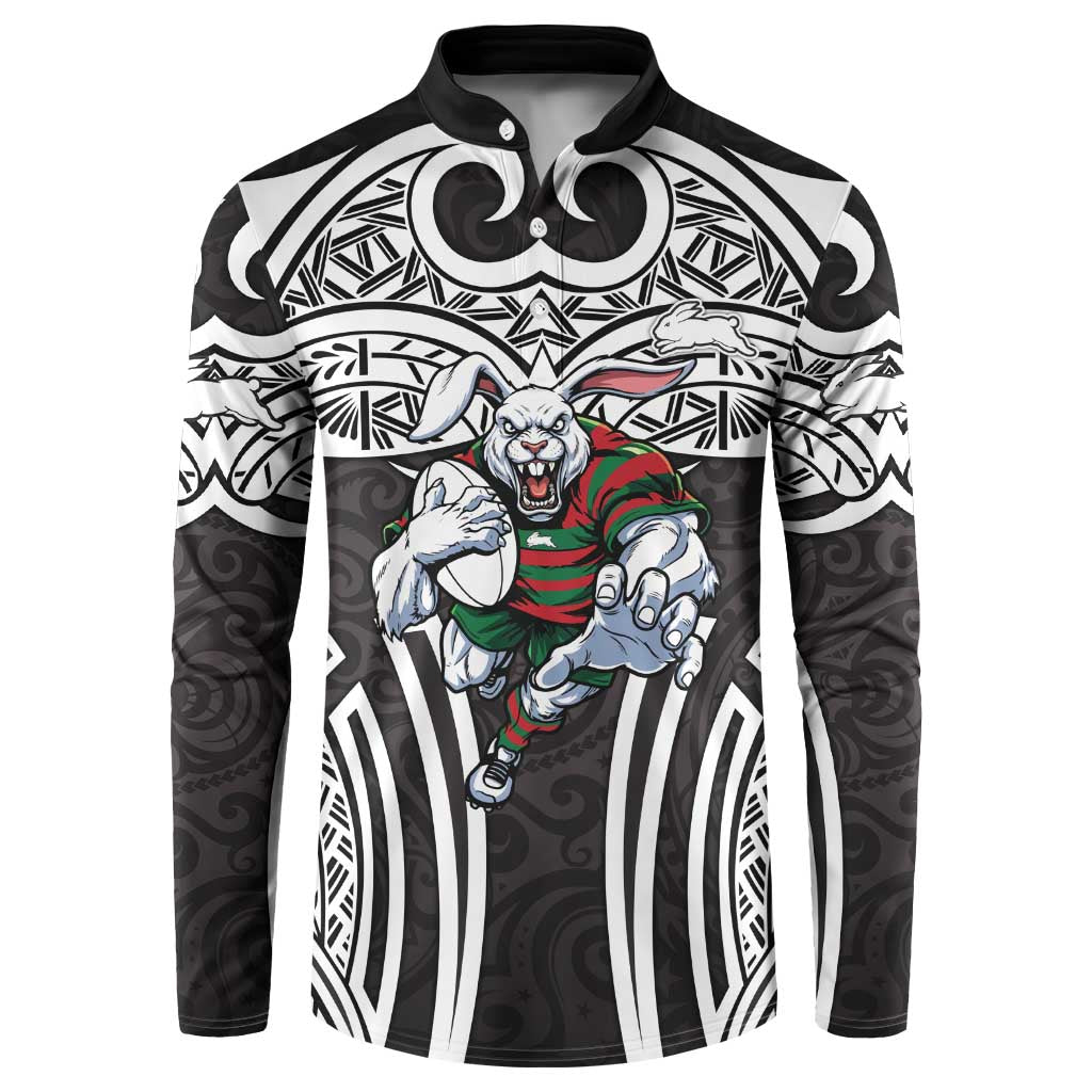 South Sydney Rabbitohs Rugby Button Sweatshirt Polynesian Tribal Rabbit Warrior Black White Pattern