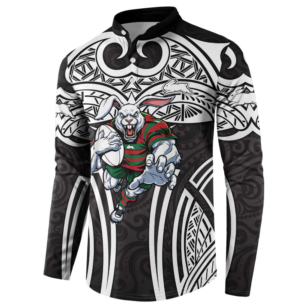 South Sydney Rabbitohs Rugby Button Sweatshirt Polynesian Tribal Rabbit Warrior Black White Pattern