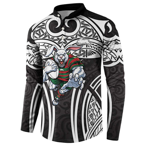 South Sydney Rabbitohs Rugby Button Sweatshirt Polynesian Tribal Rabbit Warrior Black White Pattern