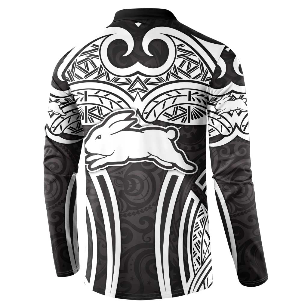 South Sydney Rabbitohs Rugby Button Sweatshirt Polynesian Tribal Rabbit Warrior Black White Pattern