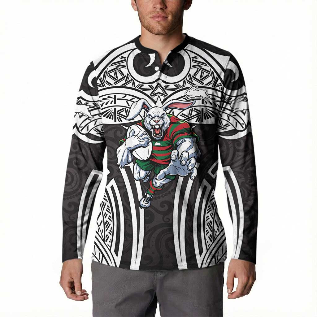 South Sydney Rabbitohs Rugby Button Sweatshirt Polynesian Tribal Rabbit Warrior Black White Pattern