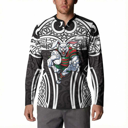 South Sydney Rabbitohs Rugby Button Sweatshirt Polynesian Tribal Rabbit Warrior Black White Pattern