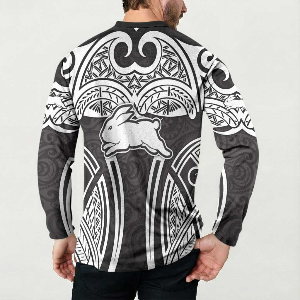 South Sydney Rabbitohs Rugby Button Sweatshirt Polynesian Tribal Rabbit Warrior Black White Pattern
